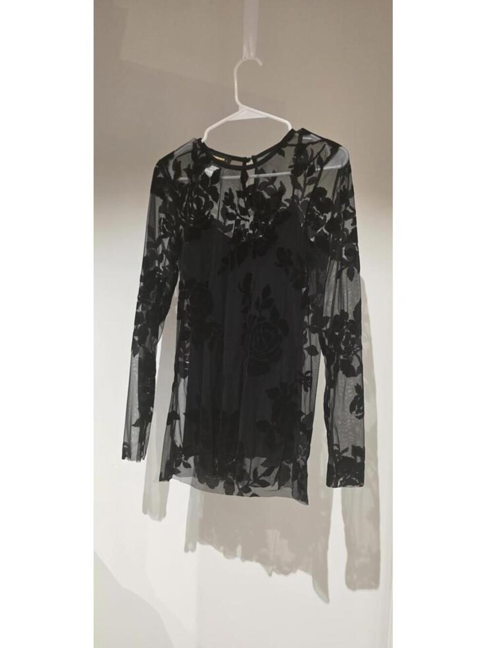 Alembika - Tunic Top Size 2 Black Long Sleeves Sheer Nylon Floral